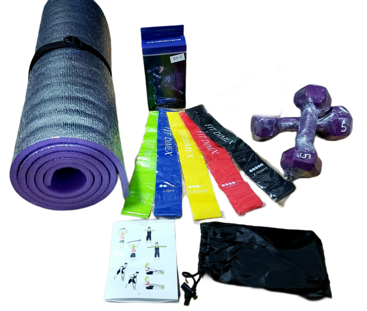 Kit para entrenamiento en casa y cualquier lugar lleva tu rutina de ejercicios a otro nivel incluye colchoneta antideslizante kit de 5 bandas elasticas de resistencia y pesas mancuernas de 2.5kg igual a 5 libras cada una color Morado