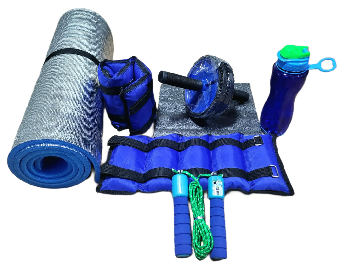 Combo de ejercicio para entrenamiento deportivos fitness ncluye colchoneta antideslizantes 2 pesas tobilleras rueda abdominal botilito termo resistente y lazo cuerda para saltar profesional color azul