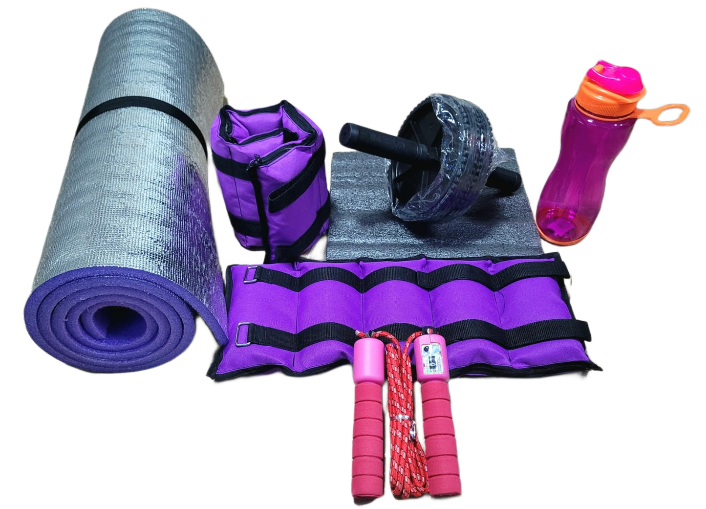 Combo de ejercicio para entrenamiento deportivos fitness ncluye colchoneta antideslizantes 2 pesas tobilleras rueda abdominal botilito termo resistente y lazo cuerda para saltar profesional color morado