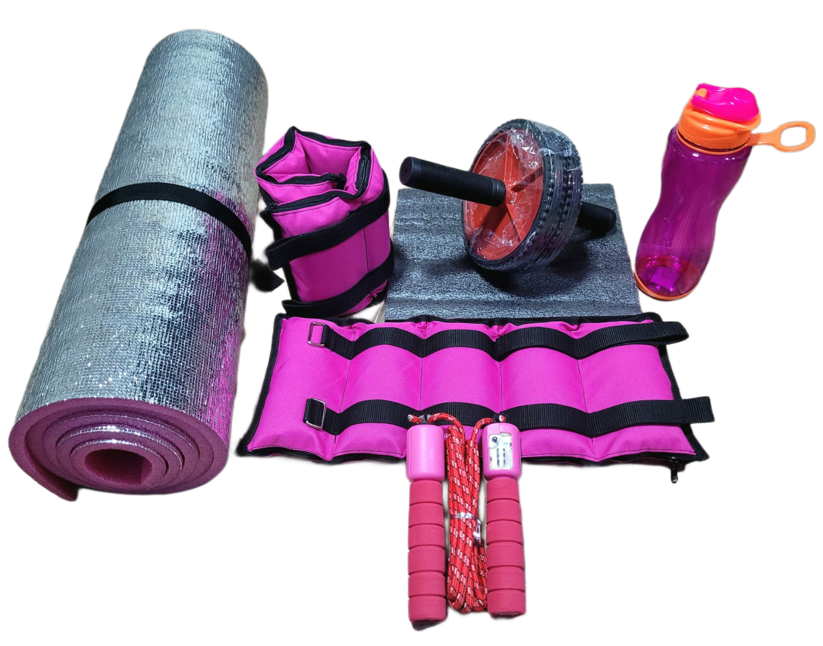 Combo de ejercicio para entrenamiento deportivos fitness ncluye colchoneta antideslizantes 2 pesas tobilleras rueda abdominal botilito termo resistente y lazo cuerda para saltar profesional color rosado