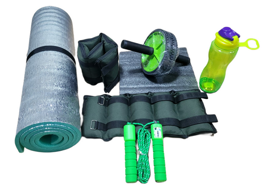 Combo de ejercicio para entrenamiento deportivos fitness ncluye colchoneta antideslizantes 2 pesas tobilleras rueda abdominal botilito termo resistente y lazo cuerda para saltar profesional color verde