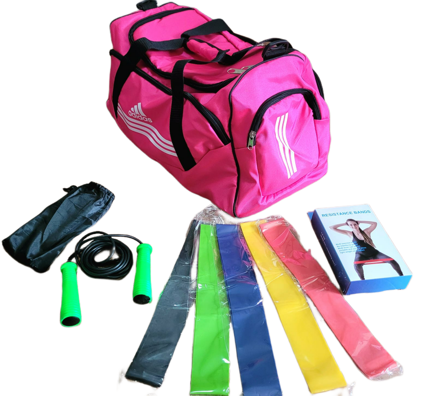 Combo deportivo para ejercicio fitness llva tu entrenamiento a cualquier lugar incluye bolso de ntrenamiento kit de bandas elasticas con 5 resistencias