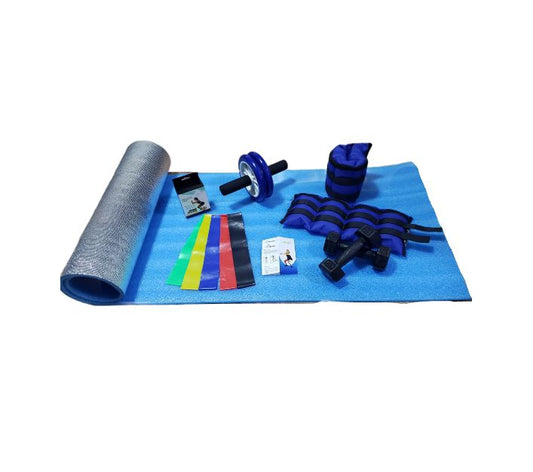 Combo deportivo fitness para ejercicio en casa incluye 2 pesas tobilleras 2 mancuernas rueda abdominal kit de 5 bandas elasticas en latex natural y colchoneta antideslizante idal para yoga y pilates azul