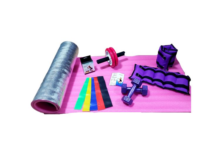 Combo deportivo fitness para ejercicio en casa incluye 2 pesas tobilleras 2 mancuernas rueda abdominal kit de 5 bandas elasticas en latex natural y colchoneta antideslizante idal para yoga y pilates morado