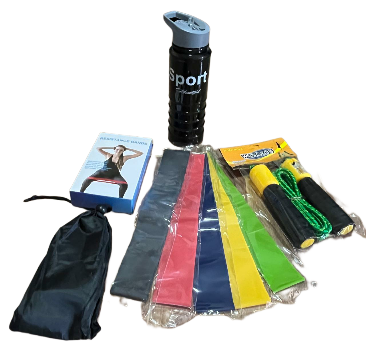 Combo fitness kit para ejercicio en casa o cualquier lugar incluye termo botilito de 700ml kit de 5 bandas elasticas de resistencia y lazo cuerda para saltar con contador color negro