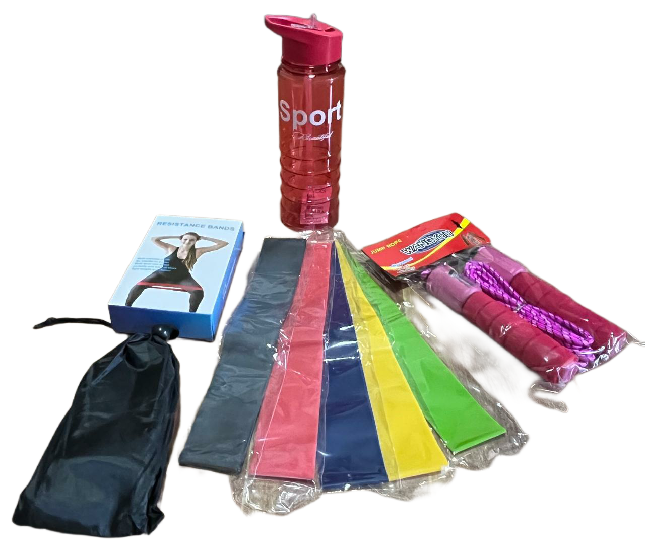 Combo fitness kit para ejercicio en casa o cualquier lugar incluye termo botilito de 700ml kit de 5 bandas elasticas de resistencia y lazo cuerda para saltar con contador color rojo