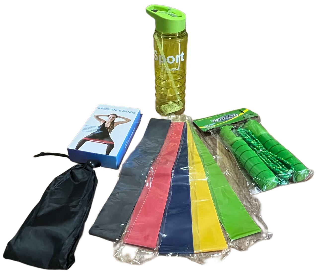 Combo fitness kit para ejercicio en casa o cualquier lugar incluye termo botilito de 700ml kit de 5 bandas elasticas de resistencia y lazo cuerda para saltar con contador color verde