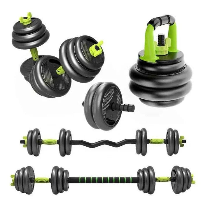 Kit de pesas ajustables 40kg con mancuernas, barra larga, barra curva, pesa rusa y accesorios para entrenamiento completo en casa.