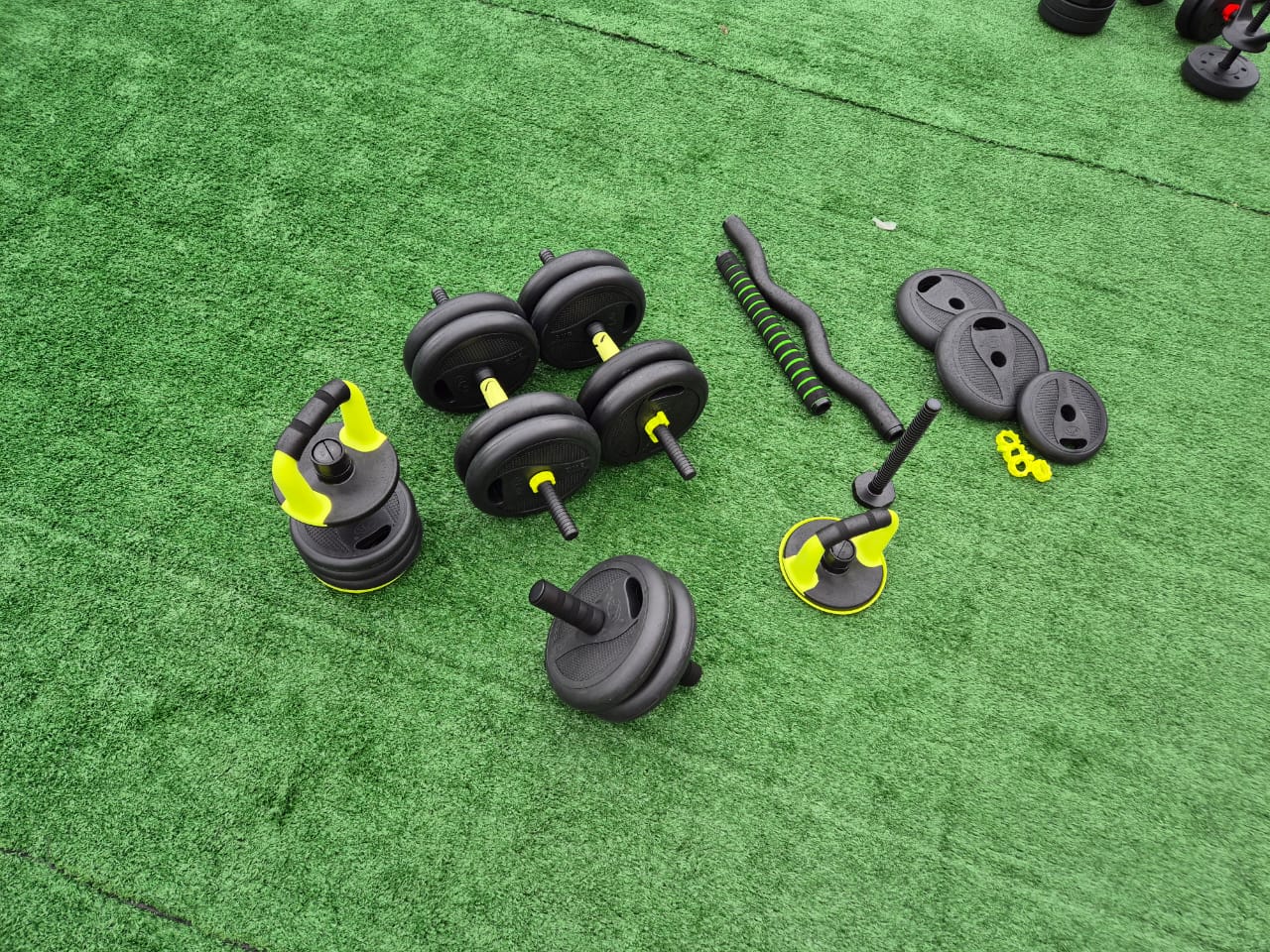 Kit de pesas ajustables 40kg con mancuernas, barra larga, barra curva, pesa rusa y accesorios para entrenamiento completo en casa.