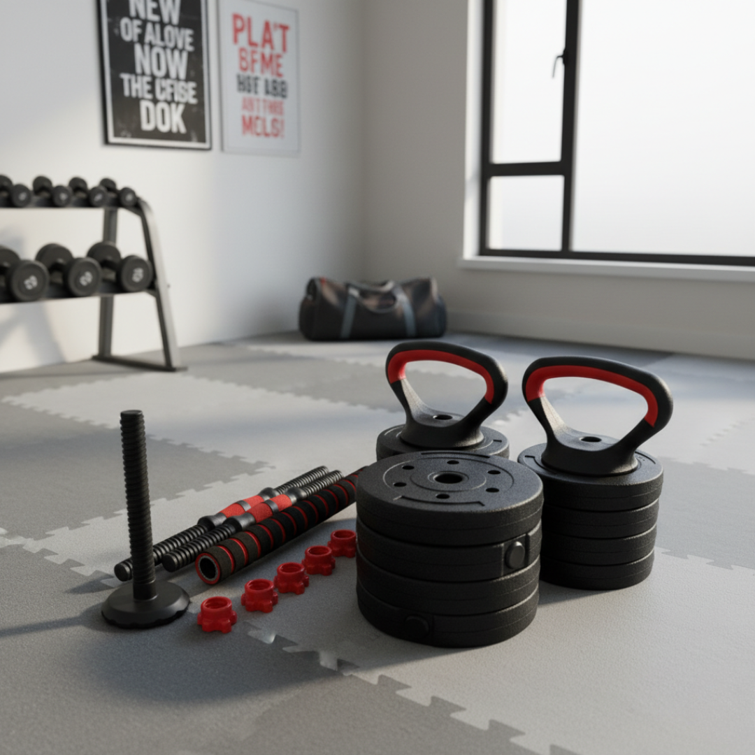 Set de pesas ajustables 20kg convertible en mancuernas, barra larga y pesa rusa. Ideal para entrenar fuerza y musculación en casa.