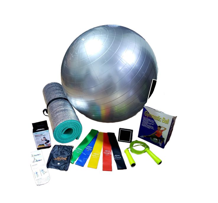 Combo fitness ejrcicio en casa ideal para trabajar cuerpo completo incluye balon de pilates kit bandas elasticas x5 lazo cuerda para saltar y tapete para ejercicio termico yoga pelota gris