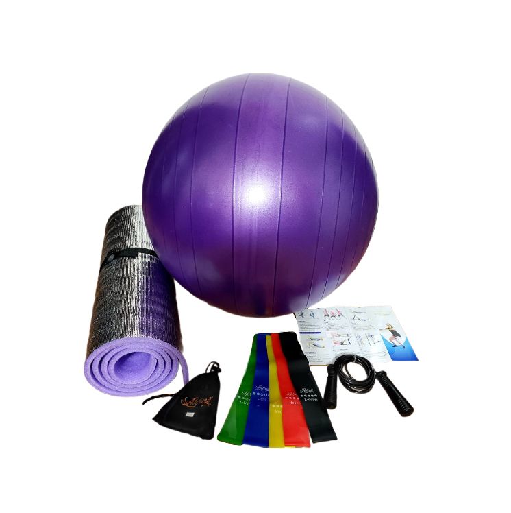 Combo fitness ejrcicio en casa ideal para trabajar cuerpo completo incluye balon de pilates kit bandas elasticas x5 lazo cuerda para saltar y tapete para ejercicio termico yoga Morado