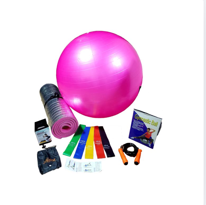 Combo fitness ejrcicio en casa ideal para trabajar cuerpo completo incluye balon de pilates kit bandas elasticas x5 lazo cuerda para saltar y tapete para ejercicio termico yoga rosado