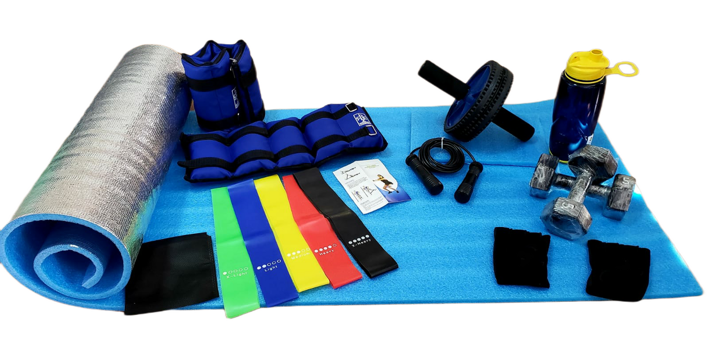 Equipo fitness combo para ejercicio de cuerpo completo incluye colchoneta antideslizante 5 bandas elasticas de resistencia rueda abdominal lazo cuerda para saltar 2 mancuernas guantes en neopreno botilito termo de 900ml y pesas tobilleras ideal para entrenar el cuerpo completo en cualquier lugar