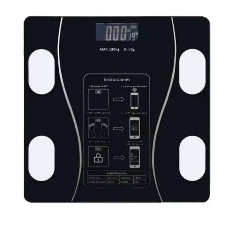 Báscula inteligente con Bluetooth que mide peso, IMC, grasa corporal, masa muscular y más. Analizador corporal digital para seguimiento fitness.