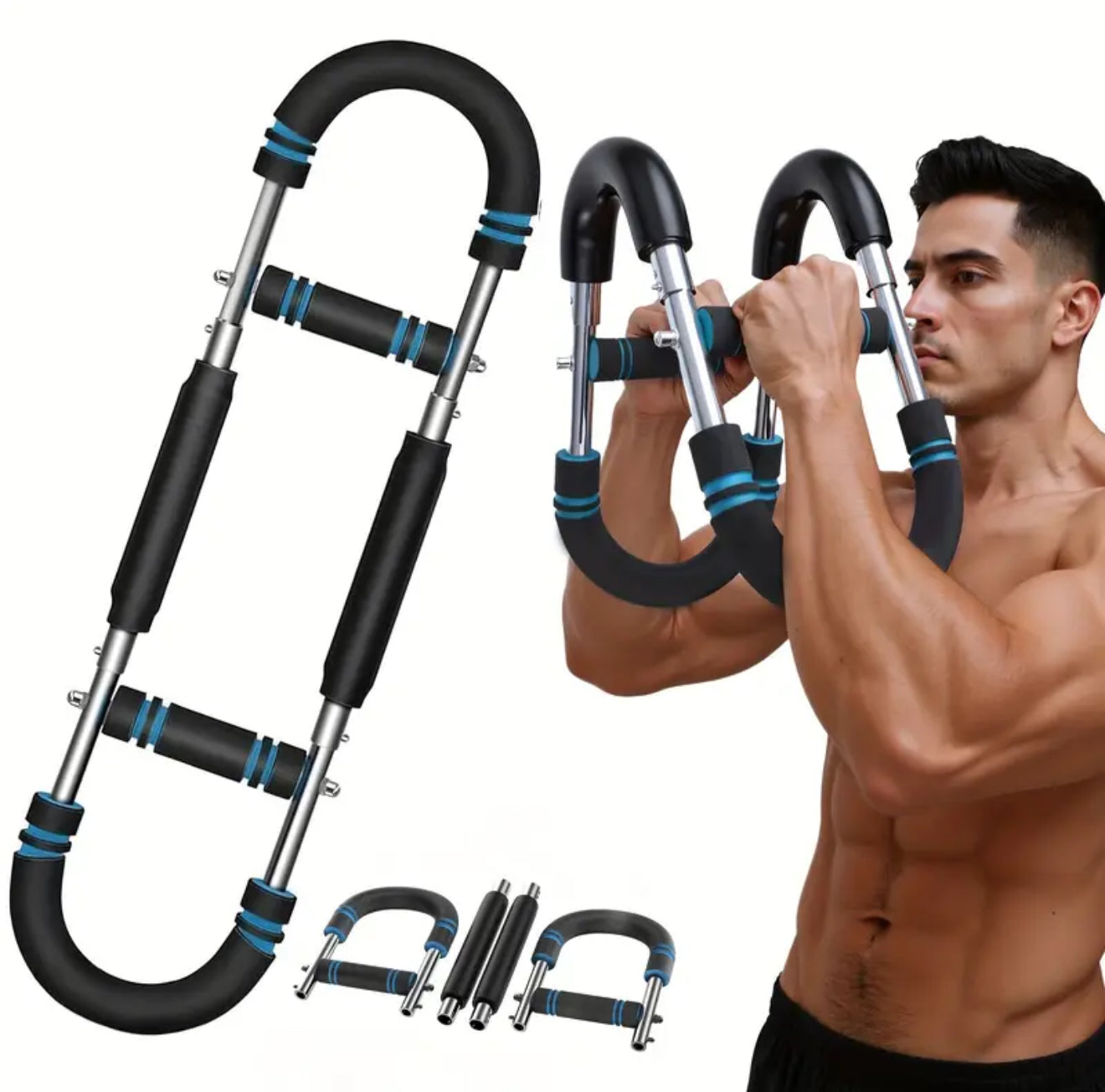 Ejercicio en casa con barra multifuncional para tonificar brazos y pecho sin pesas