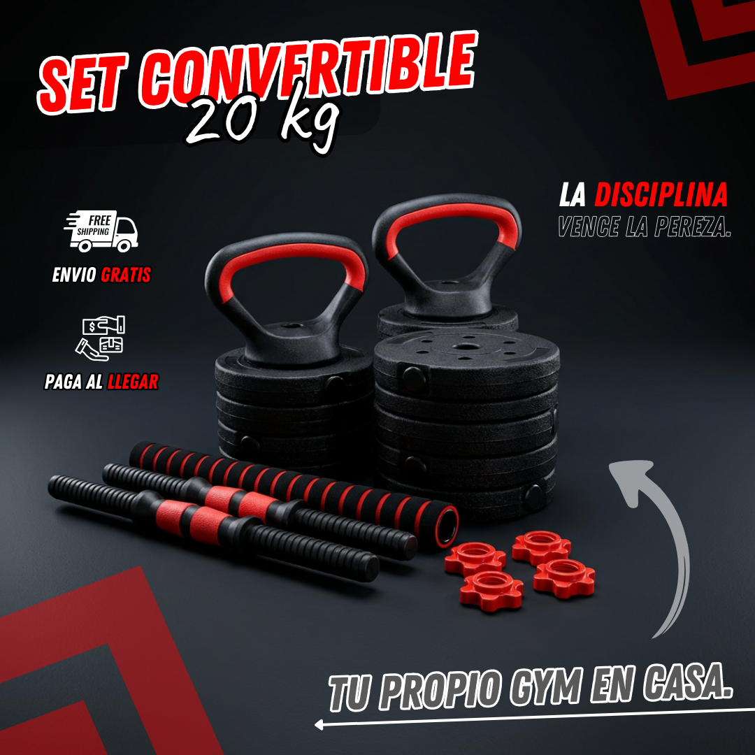 Set de pesas ajustables 20kg convertible en mancuernas, barra larga y pesa rusa. Ideal para entrenar fuerza y musculación en casa.