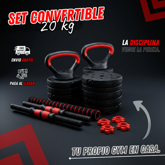 Set de pesas ajustables 20kg convertible en mancuernas, barra larga y pesa rusa. Ideal para entrenar fuerza y musculación en casa.