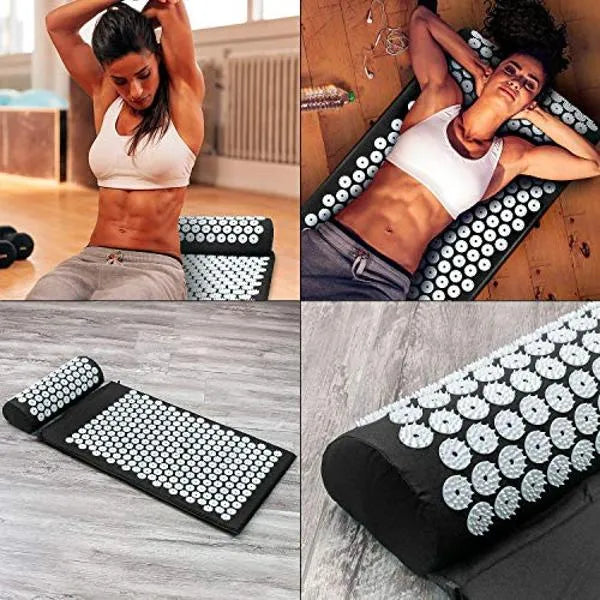 Kit de tapete de acupresión con almohada y bolsa de transporte para aliviar dolor muscular.
