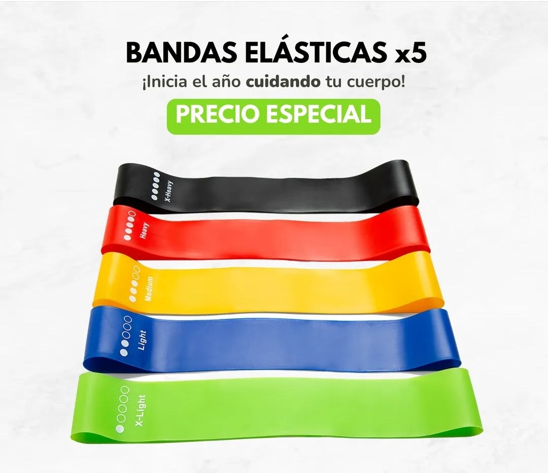 bandas elasticas x5 resistencias ideales para complementar cualquier rutina de ejercicios hechas en latex natural lo cual es responsable con el medio ambiente y mejoran su resistencia