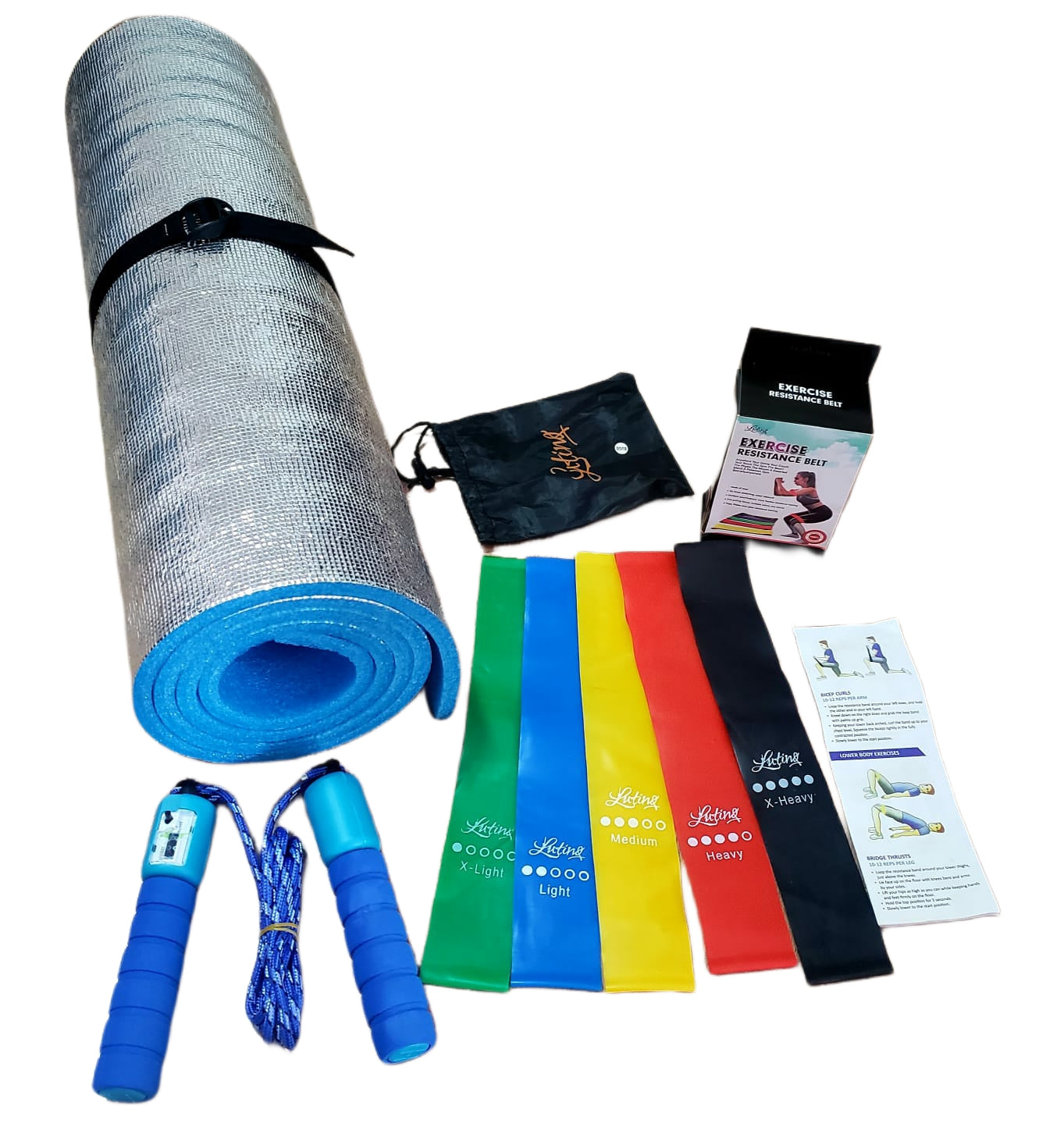 Combo de ejercicio ideal para complementar tu rutina y ejercitarse en cualquier lugar cuenta con 1 colchoneta antideslizante kit de 5 bandas elasticas con diferentes resistencias y lazo cuerda para saltar con contador color azul