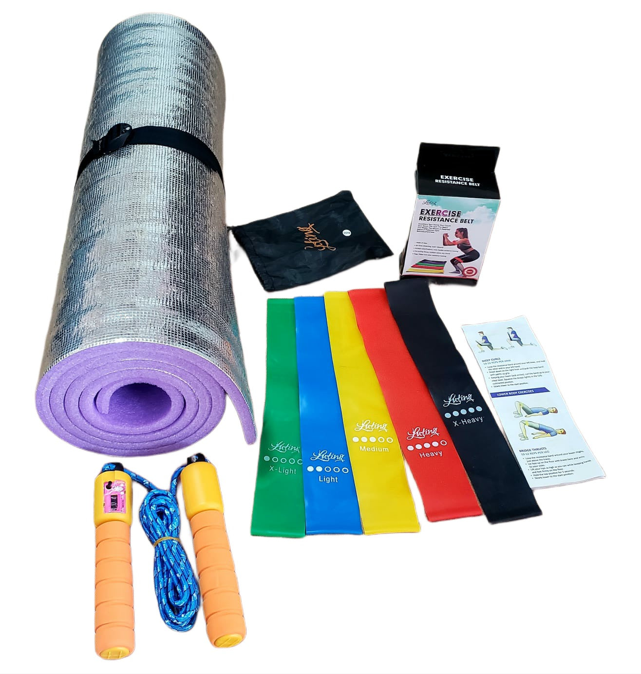 Combo de ejercicio ideal para complementar tu rutina y ejercitarse en cualquier lugar cuenta con 1 colchoneta antideslizante kit de 5 bandas elasticas con diferentes resistencias y lazo cuerda para saltar con contador color morado