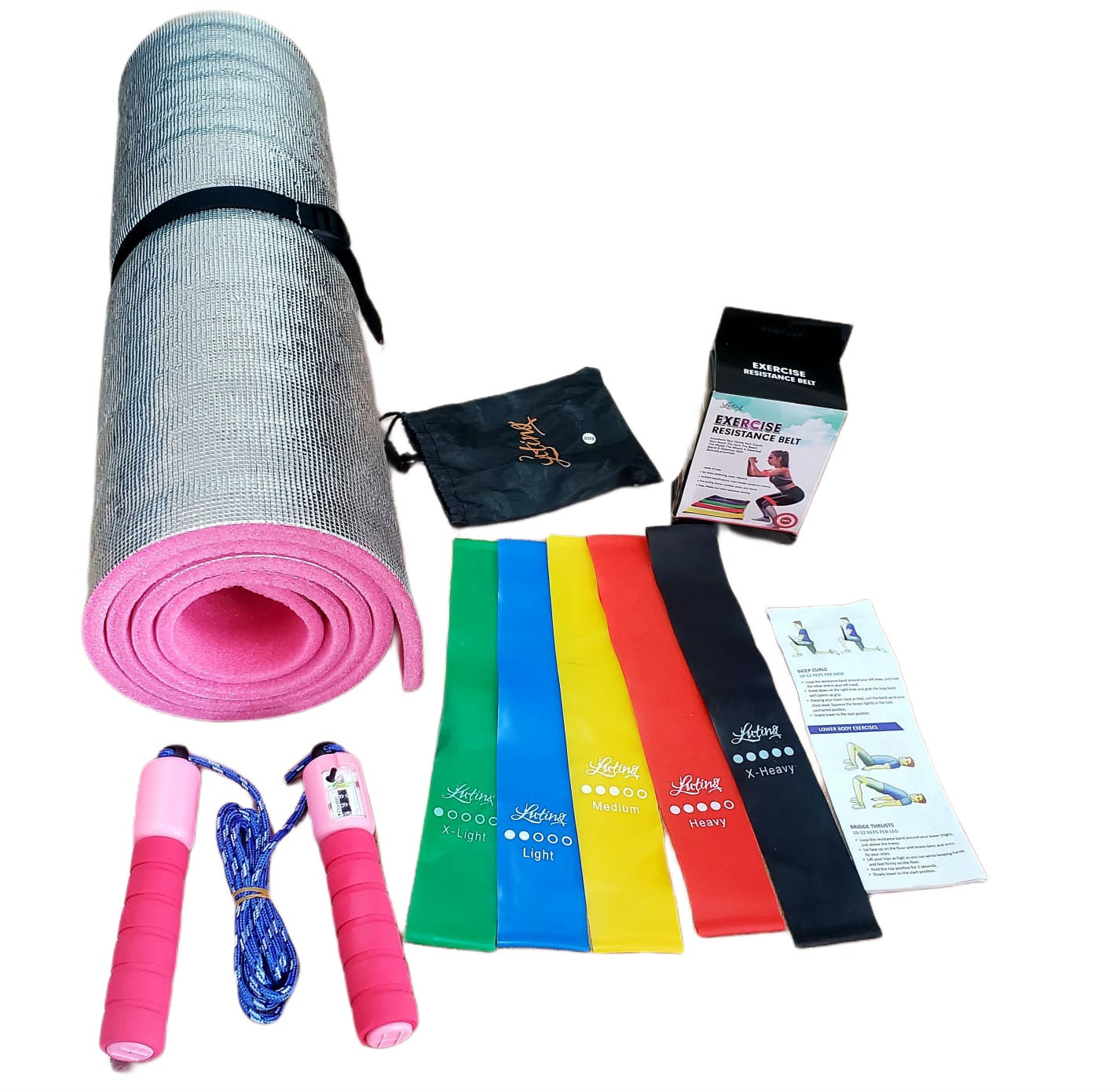 Combo de ejercicio ideal para complementar tu rutina y ejercitarse en cualquier lugar cuenta con 1 colchoneta antideslizante kit de 5 bandas elasticas con diferentes resistencias y lazo cuerda para saltar con contador color rosado