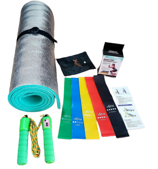 Combo de ejercicio ideal para complementar tu rutina y ejercitarse en cualquier lugar cuenta con 1 colchoneta antideslizante kit de 5 bandas elasticas con diferentes resistencias y lazo cuerda para saltar con contador color verde