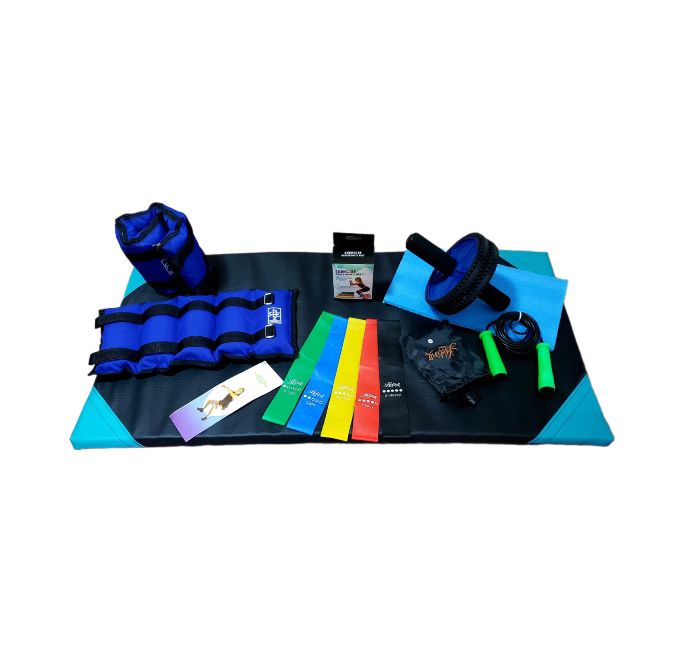 Combo fitness ejercicio en casa cuerpo completo incluye colchoneta para ejercicio, 2 pesas tobilleras kit de 5 bandas elasticas, lazo cuerda para saltar profesional, rueda abdominal con tapete para apoyar rodilla color azul