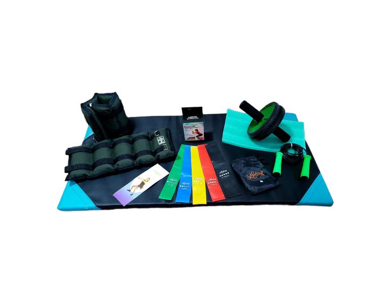 Combo fitness ejercicio en casa cuerpo completo incluye colchoneta para ejercicio, 2 pesas tobilleras kit de 5 bandas elasticas, lazo cuerda para saltar profesional, rueda abdominal con tapete para apoyar rodilla color verde